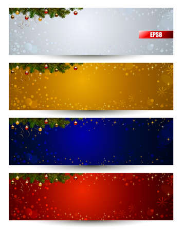 set of four color various Christmas banners with fir tree and balls のイラスト素材