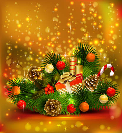 Christmas still life branch of fir tree with burning candles and Christmas bauble のイラスト素材