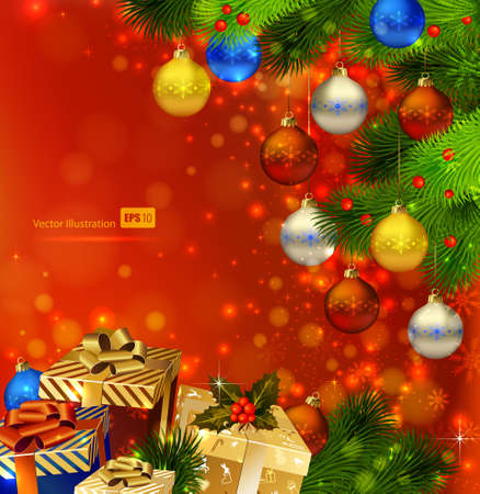 red Christmas background with various of gifts and green fir tree のイラスト素材