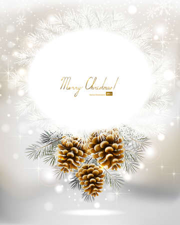 light Christmas background with three cones and fir tree のイラスト素材