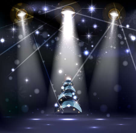 dark Christmas Stage Spotlight with snowflakes and good-looking Christmas tree のイラスト素材