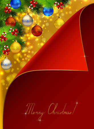 Red greeting-card covers Christmas background with fir tree, candies and evening balls のイラスト素材