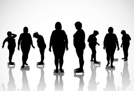 8 figures of thick women are on the scales のイラスト素材