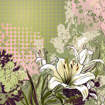 grunge greeting-card with decorative white lilies のイラスト素材