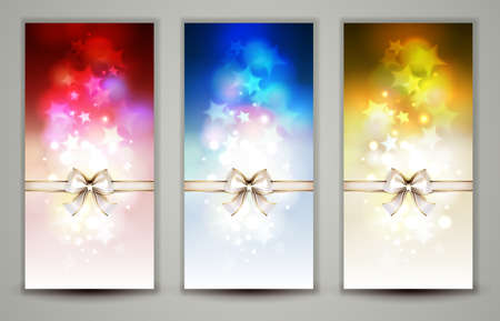 Three multicolor Christmas greeting cards with bowのイラスト素材