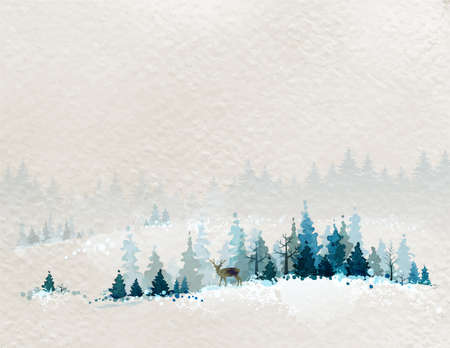 winter landscape with fir forests and deerのイラスト素材