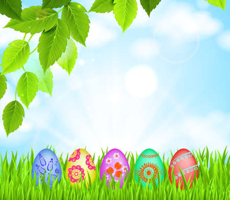 Easter eggs in Green Grass on the gladeのイラスト素材