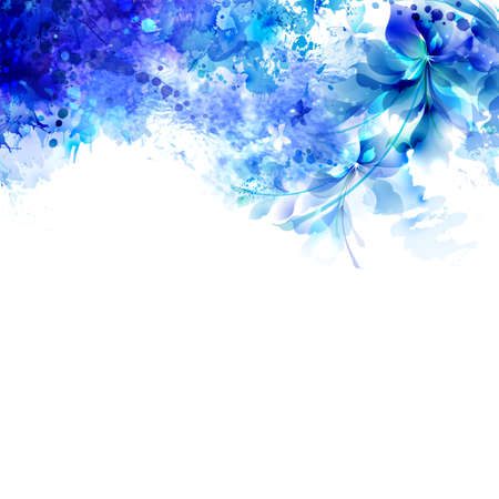 Abstract background with blue composition of watercolor blots and floral element.のイラスト素材