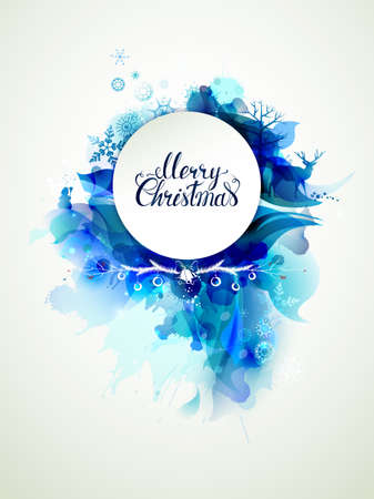 Merry Christmas hand drawn inscription on the blue abstract winter background with holiday symbolsのイラスト素材