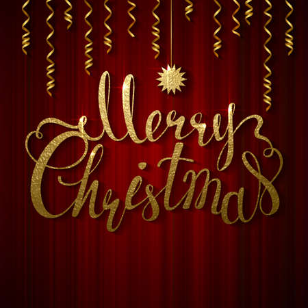 Holiday banner with place for text. Festive red curtain. Calligraphy gold texture inscription Merry Christmas and star.のイラスト素材
