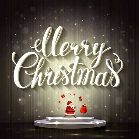 Large white lettering Merry Christmas on the monochromatic background. Santa Claus juggles with gifts on the stage.のイラスト素材