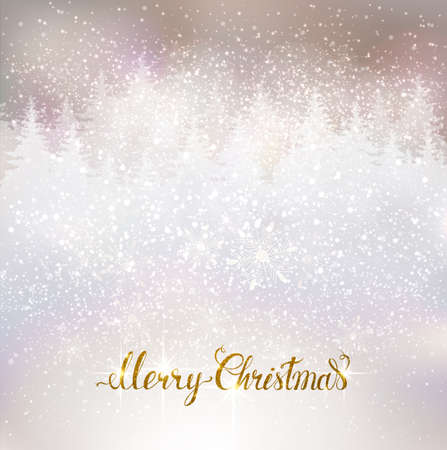 Shiny Christmas background with winter snowy landscape and fir-trees. Holiday lettering.のイラスト素材