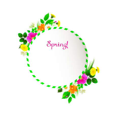 Flower frame background decorated by dandelions, chamomiles, wild roses, jasmine. Pink lettering spring like ribbon.のイラスト素材