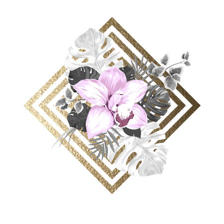light pink blooming orchid and palm leaves on the abstract geometric gold texture backgroundのイラスト素材