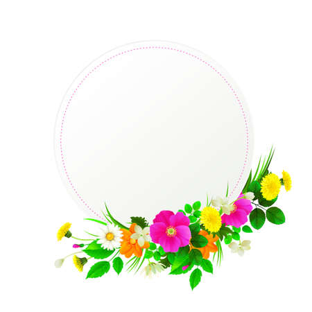 Flower frame white background decorated by dandelions, chamomiles, wild roses, jasmine.のイラスト素材