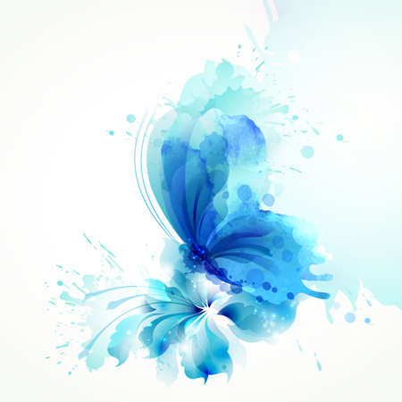 Beautiful watercolor abstract blue butterfly on the flower on the white background.の販売画像