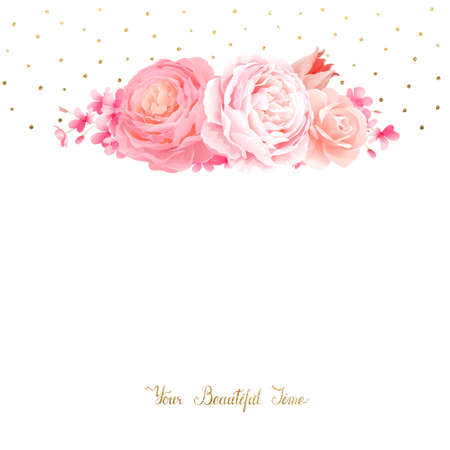 Elegance flowers bouquet of color pink roses and tulip. Composition with blossom flowers branches and lettering with place for text on the white background.のイラスト素材