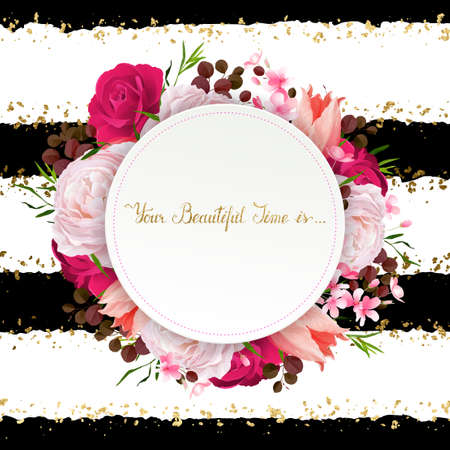 Elegance flowers frame of color roses and tulips. Composition with blossom flowers branches and lettering with round banner on the striped background.のイラスト素材