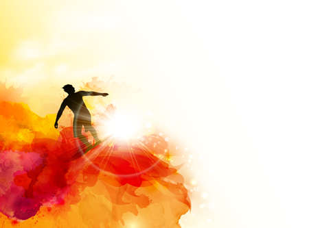Abstract image of movement, speed and water. Black silhouette of surfer on the sunset color watercolor blots background.のイラスト素材