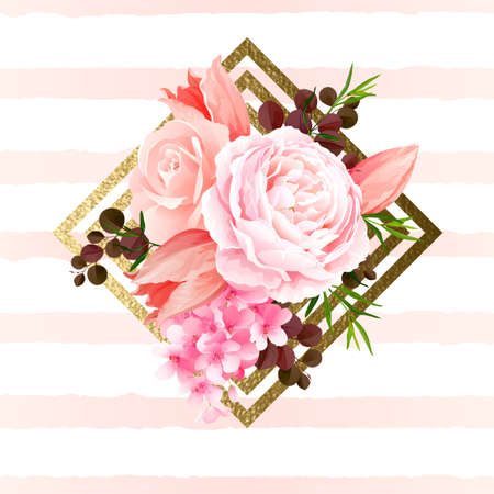 Elegance flowers bouquet of color roses and tulips. Composition with blossom flowers and branches on the geometric design element. Vector illustration.のイラスト素材
