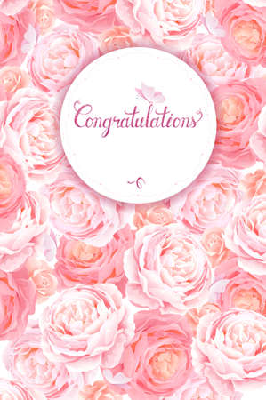Greeting card with elegance white frame on the pink roses background.のイラスト素材