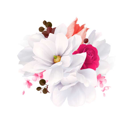 Elegance flowers bouquet of white beautiful Magnolias, color rose and tulip . Composition with blossom flowers and branches. Vector illustration.のイラスト素材