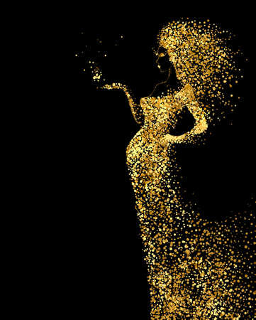 Beautiful Woman abstract figure formed by gold color particles on the black background. Bright banner with beautiful glamour girl with hair down and in the long fashion dress.のイラスト素材