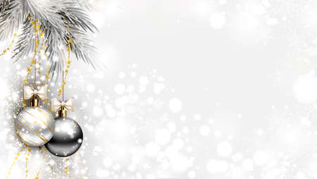 light Christmas background with two holiday evening balls and branch of fir treeのイラスト素材