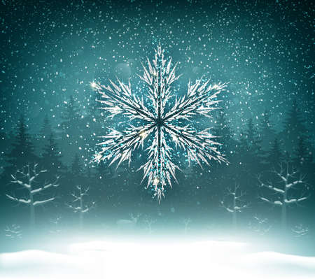 Shining white texture Snowflake on the blue forest landscape. Winter Holiday Christmas Background.のイラスト素材