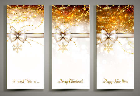 Three gold Christmas greeting cards with decorative snowflakes and white bow.のイラスト素材