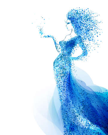 Blue decorative composition with girl on the white background. Cyan particles formed abstract woman figure.のイラスト素材