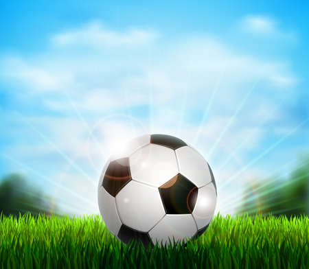 White and black soccer ball on the fresh green glade with grass. Background with blue sky, sunshine and sport equipment for playing football.のイラスト素材