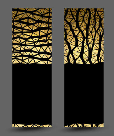 set of banners with gold texture vertical and horizontal abstract decoration on the black background.のイラスト素材