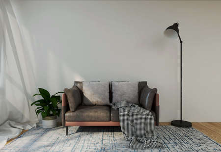 Living room interior with sofa and floor lamp. 3D rendering.
