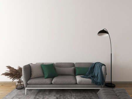 Living room interior with gray sofa and floor lamp, 3d render