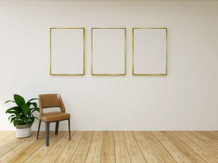 Three empty frames on white wall with chair. Mock up, 3D Rendering