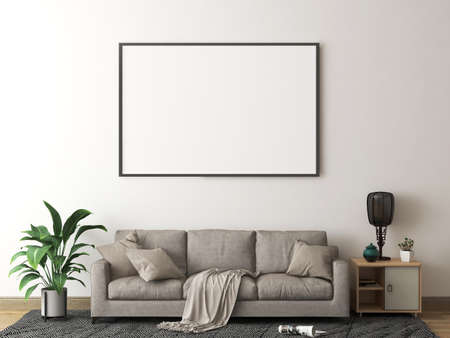 Mock up poster frame in living room interior background, 3d renderの写真素材