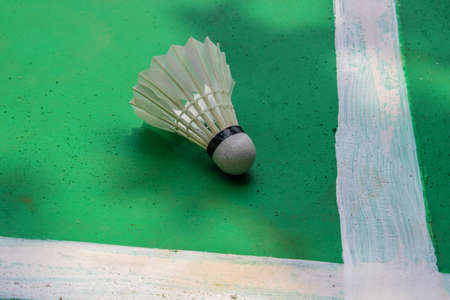 The badminton shuttlecock falls over the white line against the green field background.の写真素材