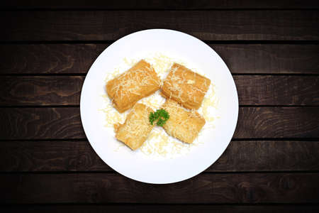 Four pieces of crispy fried cassava with a sprinkling of cheese are served on a white plate against a dark wood background. Top view.の写真素材