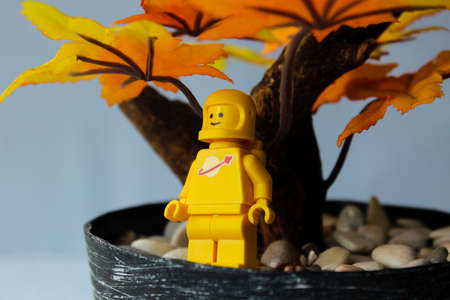 The yellow astronaut lego character is enjoying autumn with a smiling expression.のeditorial素材