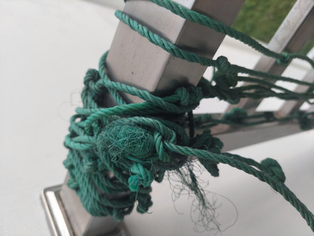 The green rope is tied and wrapped around the stainless fence