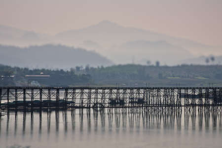 The wooden bridge of Sangkhlaburi, Thailand,  in tilt-shift effectの写真素材