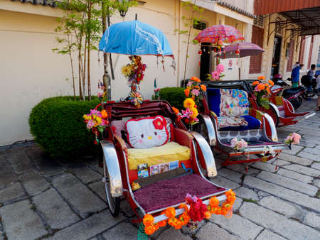 PENANG, MALAYSIA - JUNE 2:  Trishaws waiting for tourists at George town, Penang, Malaysia.  The...