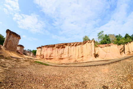 The rock formations in Phae Mueng Phi National park, Phrase Province, Thailand, shot by fisheye lensの写真素材