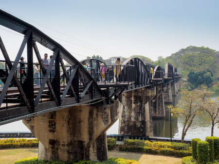 Kanchanaburi, Thailand- March 04, 2017: The historic bridge on the river Kwai which was built by the Allied prisoners of war under the captivity of Japanese army during the World War II.のeditorial素材