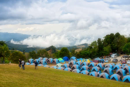 Nan, Thailand- December 16, 2016: People camping on the mountain called Doi Samer Dao National Park in Nan Province, north of Thailand, during the cool seasonのeditorial素材