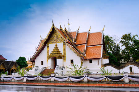 The building of Phu Mintr temple in Nan Province, Thailand, with blue skyの写真素材
