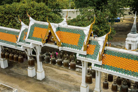 Row of bells in the pavilion of Phrabuddhabat temple, Saraburi Province, Thailandの写真素材