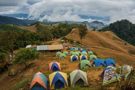 Nan, Thailand- December 16, 2016: People camping on the mountain called Doi Samer Dao National Park...