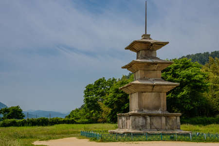The 7th century 3-story pagoda at Gameunsaji Temple Site in Gyeongju, the ancient capital city of Korea.の写真素材